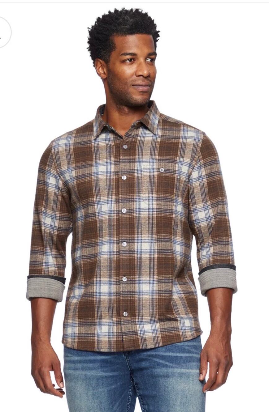 FLAG & ANTHEM Trimble Stretch Knit Brown Blue Plaid Shirt Size S